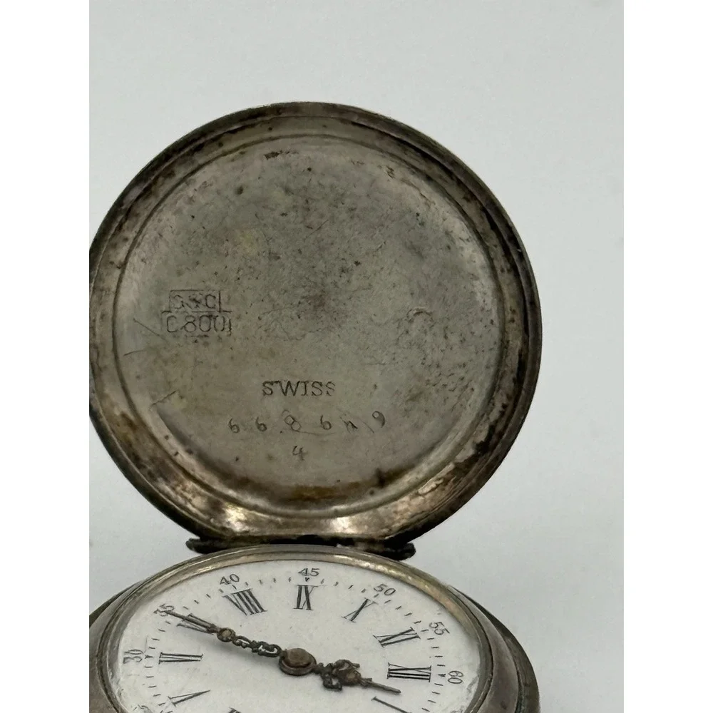 Antique Swiss 800 Silver Hunter Case Pocket Watch Engraved Swan Roman Numeral